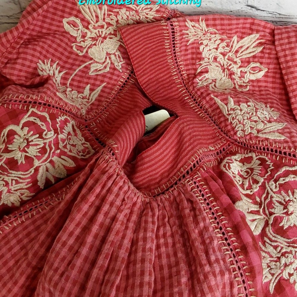 'FREE PEOPLE' 'BEĹĹA' EMBROIDED SQUARE-NECK PEASANT TOP FLUTTER-SLEEVE GINGHAM - Picture 8 of 16